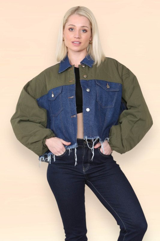 Elaina Fashion Women's Khaki & Denim Jacket Casual Short Jean Coat Color Block Lapel Button Down Ripped Hem Shirt Denim Regular Fit Shacket Streetwear - jacket - British D'sire Main image