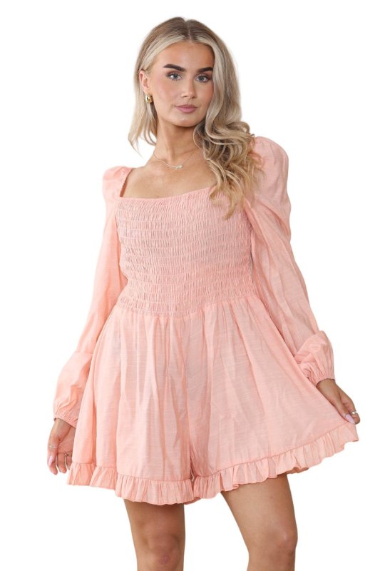 Elaina Fashion Women's Orange Square Neck Mini Swing Jumpsuit Playsuit - Casual Cute Ruffled Hem Long Puff Sleeve Summer Beach Romper Holiday - Jumpsuit - British D'sire