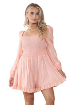 Elaina Fashion Women's Orange Square Neck Mini Swing Jumpsuit Playsuit - Casual Cute Ruffled Hem Long Puff Sleeve Summer Beach Romper Holiday - Jumpsuit - British D'sire
