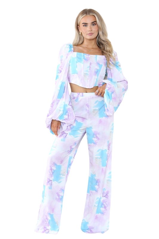 Elaina Fashion Women's Tie Dye Corset Full Sleeve Crop Top, High - Waist Wide Flared Leg Palazzo Trouser Pants 2 - Piece Set Casual Summer Club Party Street Wear Co - Ord Outfit - co ord set - British D'sire