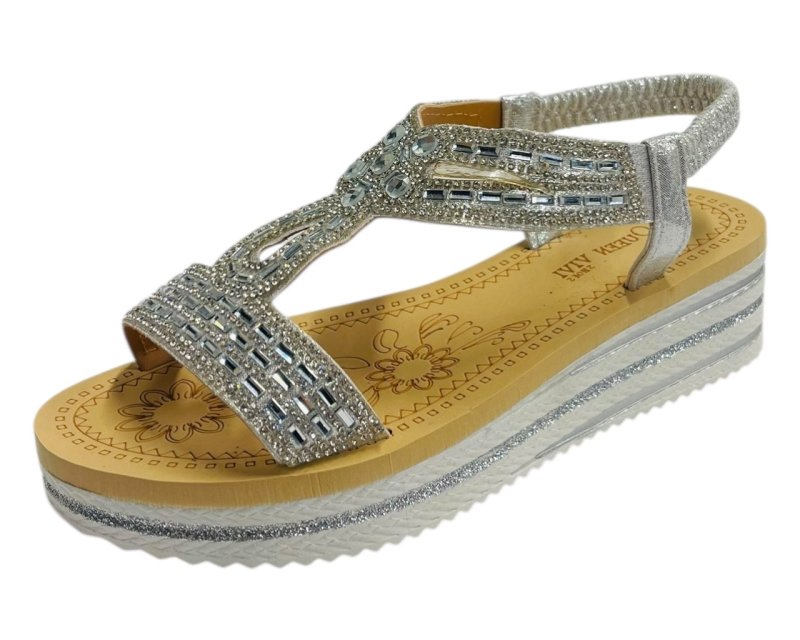Elastic Ankle Strap Diamante Wedge Sandals - Sandals - British D'sire