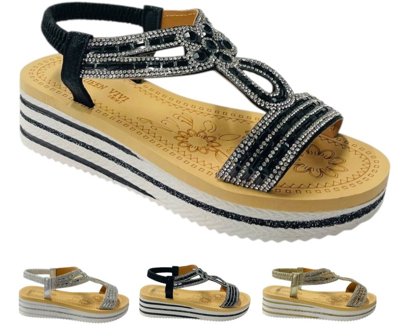 Elastic Ankle Strap Diamante Wedge Sandals - Sandals - British D'sire Main image
