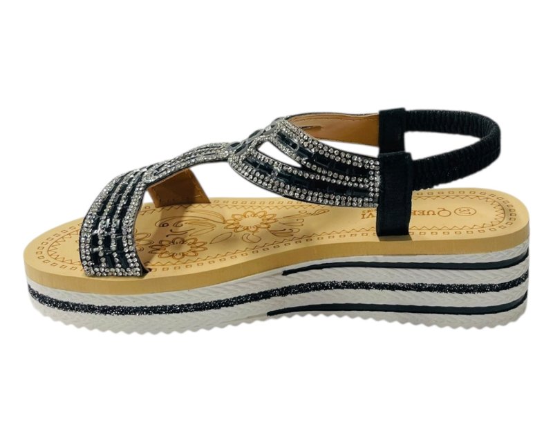 Elastic Ankle Strap Diamante Wedge Sandals - Sandals - British D'sire
