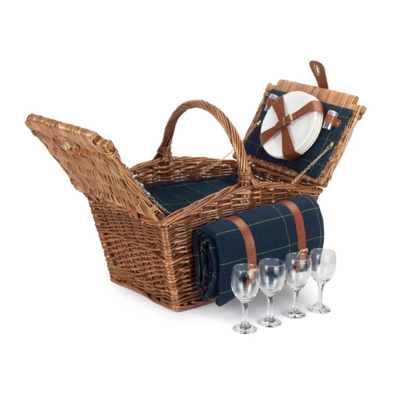 Elegant 4 Person Blue Tweed Fitted Picnic Basket - Fitted Picnic Baskets - British D'sire