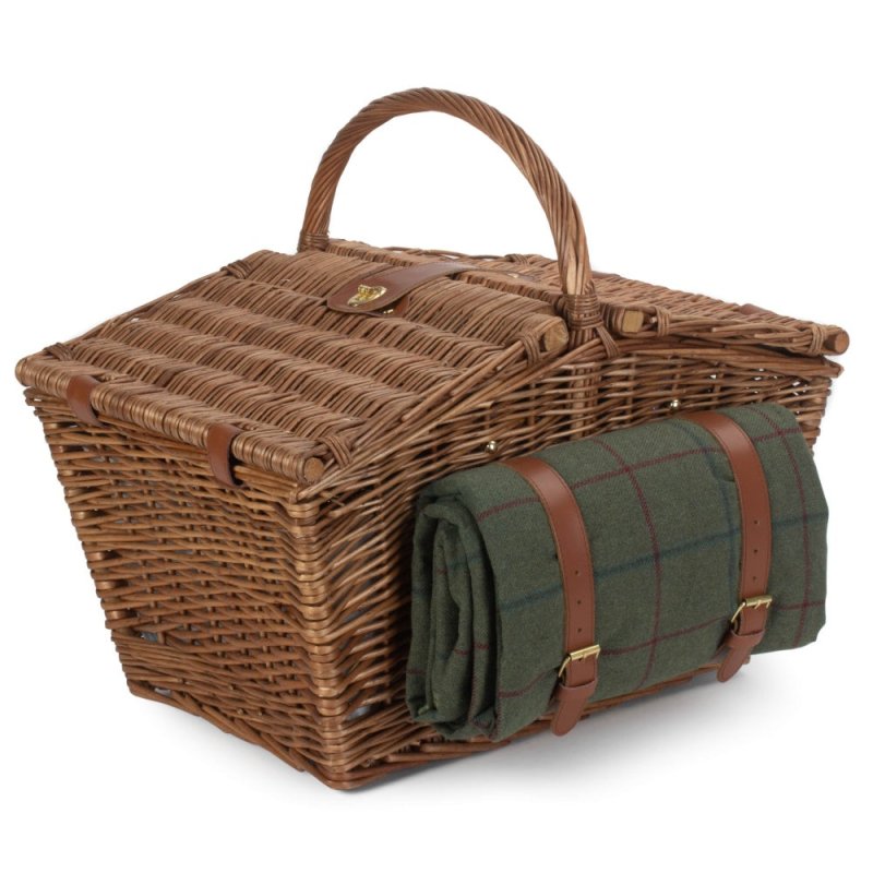 Elegant 4 Person Green Tweed Fitted Picnic Basket - Fitted Picnic Baskets - British D'sire