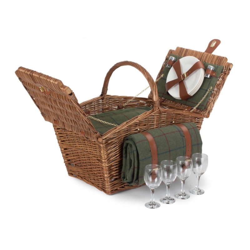 Elegant 4 Person Green Tweed Fitted Picnic Basket - Fitted Picnic Baskets - British D'sire Main image
