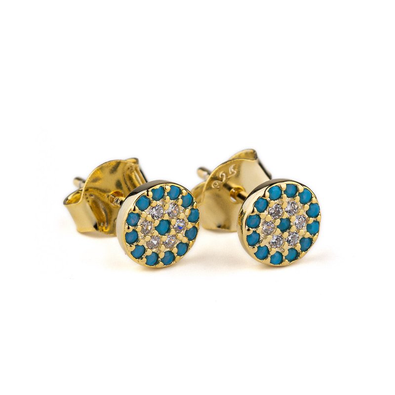 Elegant Eye Stud Zircon Earrings with Turquoise Zircon by Del Corso - Crafted in 925 Sterling Silver with Gold Plated finish, lightweight at 1.2 g, chic design for women, featuring premium materials and vibrant gemstones, offering style and comfort - Stud Earrings - British D'sire