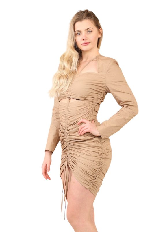 Elegant Ruched Long - Sleeve Mini Dress with Adjustable Drawstrings - Dresses - British D'sire