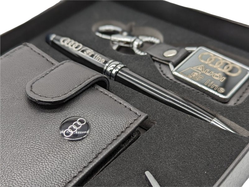 Elite Genuine Leather Audi Wallet, Key Fob, Pen & Cufflinks Boxed Gift Set Gift Boxed, - British D'sire