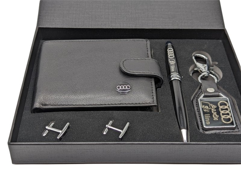 Elite Genuine Leather Audi Wallet, Key Fob, Pen & Cufflinks Boxed Gift Set Gift Boxed, - British D'sire