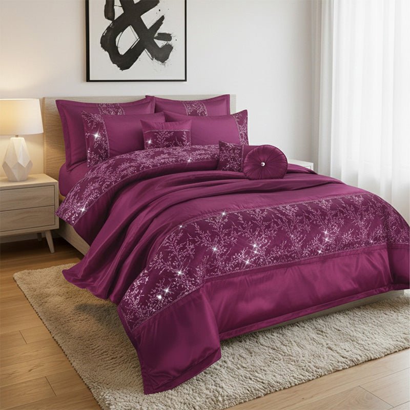Embroidered Duvet Cover Set Luxury Bedding with Matching Accessories - Single - Plum - British D'sire