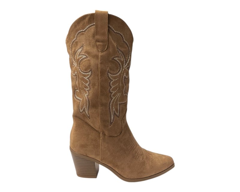 Embroidered Faux Suede Cowboy Mid Calf Boots - Boots - British D'sire