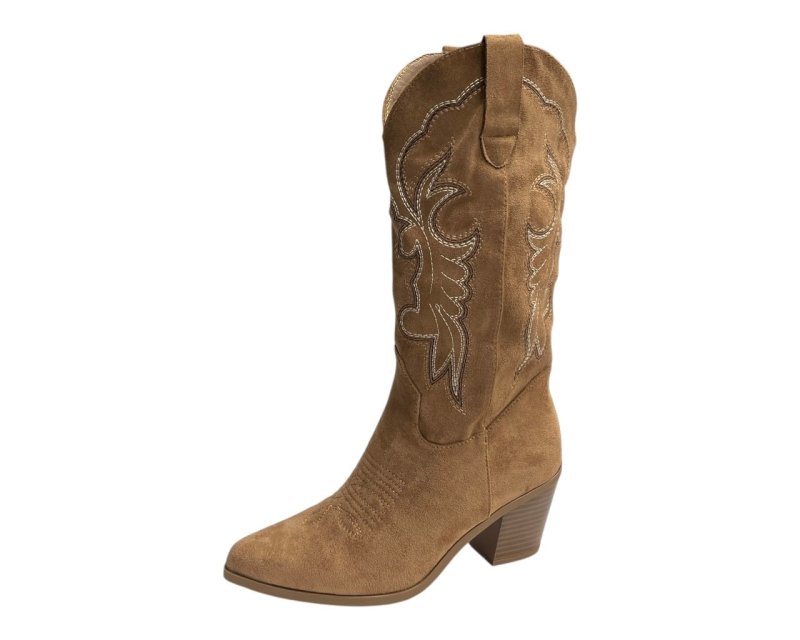 Embroidered Faux Suede Cowboy Mid Calf Boots - Boots - British D'sire