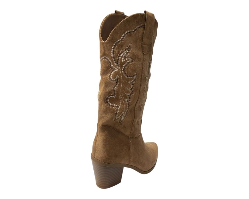Embroidered Faux Suede Cowboy Mid Calf Boots - Boots - British D'sire