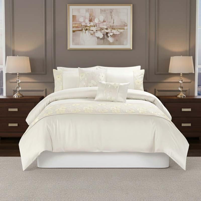 Embroidered Floral Duvet Cover Set Luxury Bedding Matching Pillowcases - Cushion - Cream - British D'sire Main image