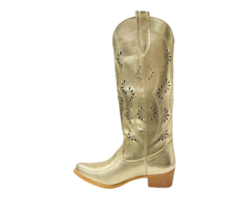Embroidered Laser Cut Cowboy Calf Length Boots - Boots - British D'sire