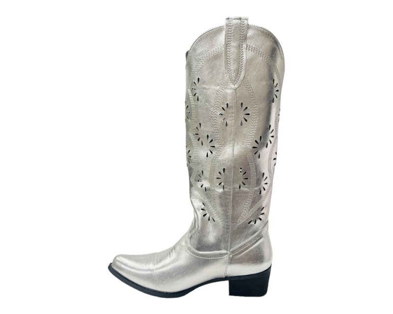 Embroidered Laser Cut Cowboy Calf Length Boots - Boots - British D'sire