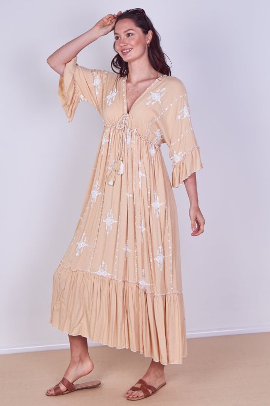 Embroidered Maxi Dress with Tassel Tie – 100% Viscose (One Size UK 8–14) - Dresses - British D'sire