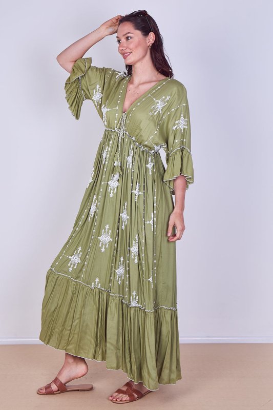 Embroidered Maxi Dress with Tassel Tie – 100% Viscose (One Size UK 8–14) - Dresses - British D'sire