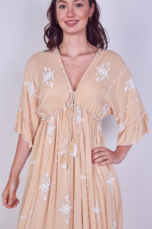 Embroidered Maxi Dress with Tassel Tie – 100% Viscose (One Size UK 8–14) - Dresses - British D'sire
