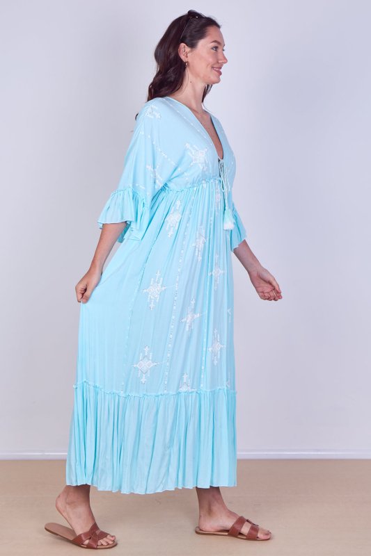 Embroidered Maxi Dress with Tassel Tie – 100% Viscose (One Size UK 8–14) - Dresses - British D'sire