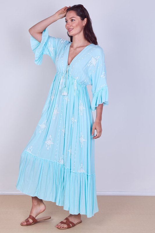 Embroidered Maxi Dress with Tassel Tie – 100% Viscose (One Size UK 8–14) - Dresses - British D'sire