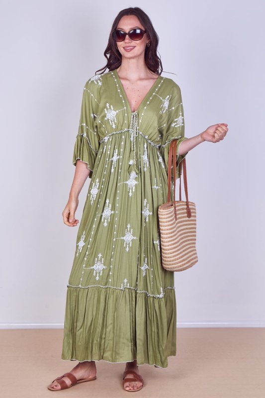 Embroidered Maxi Dress with Tassel Tie – 100% Viscose (One Size UK 8–14) - Dresses - British D'sire Main image