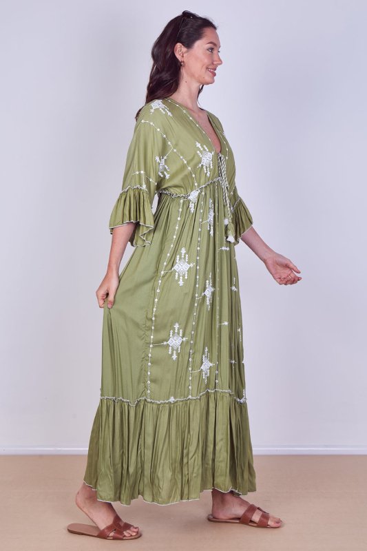 Embroidered Maxi Dress with Tassel Tie – 100% Viscose (One Size UK 8–14) - Dresses - British D'sire