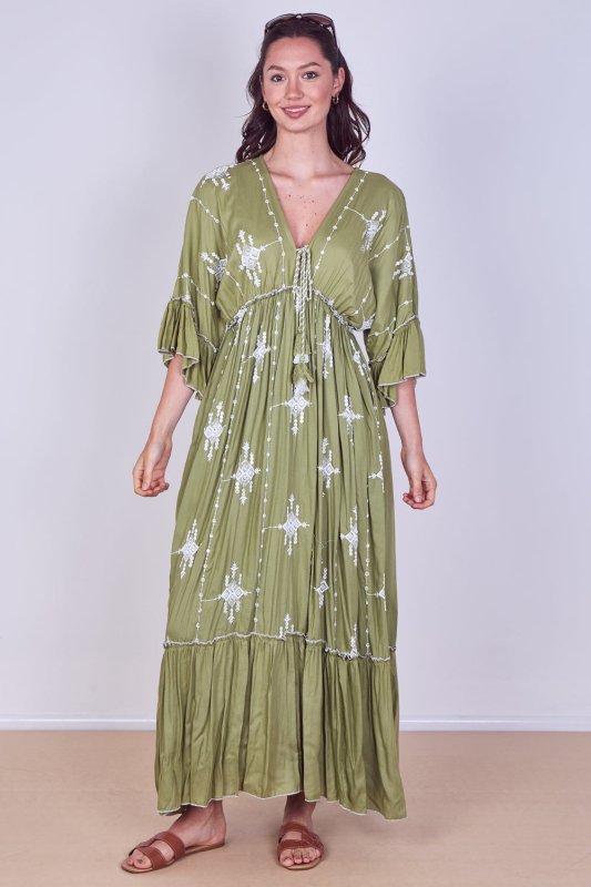 Embroidered Maxi Dress with Tassel Tie – 100% Viscose (One Size UK 8–14) - Dresses - British D'sire