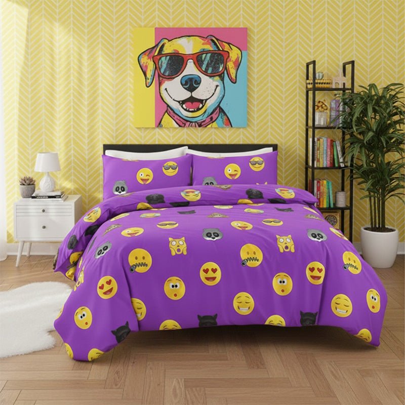 Emoji Print Duvet Cover Set Cool Playful Bedding with Pillowcases - Double - White - British D'sire