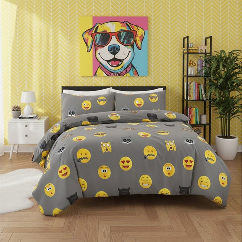 Emoji Print Duvet Cover Set Cool Playful Bedding with Pillowcases - Single - Grey - British D'sire