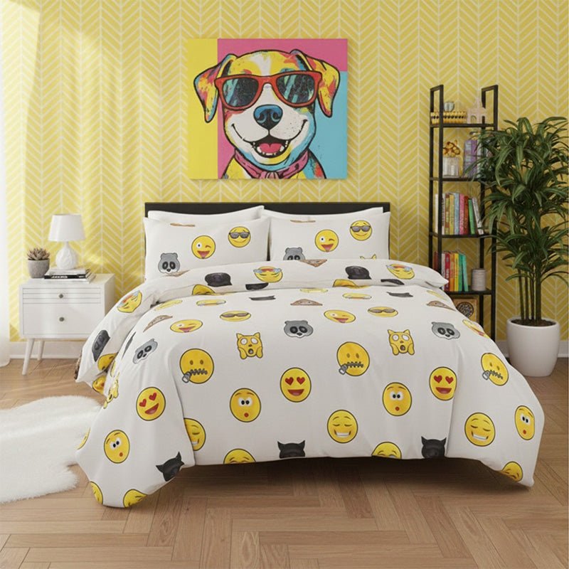 Emoji Print Duvet Cover Set Cool Playful Bedding with Pillowcases - Single - White - British D'sire