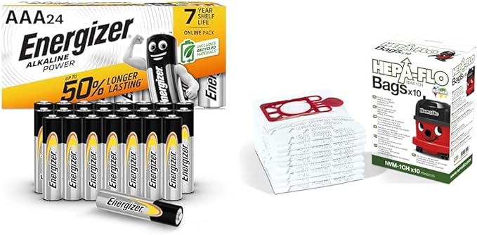 Energizer AAA Batteries, Alkaline Power, 24 Pack, Triple A Battery Pack - Amazon Exclusive (Packaging may vary) & Numatic Numatic Henry Cleaner Bags - 1 Box (Pack of 10) - British D'sire