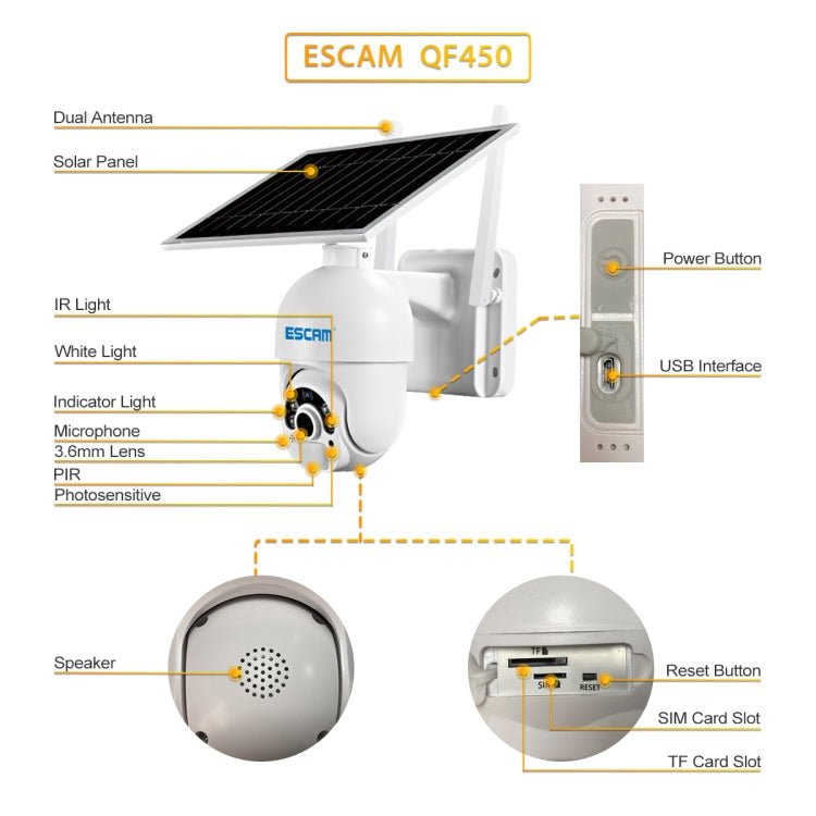 ESCAM QF450 HD 1080P 4G EU Version Solar Powered IP Camera without Memory, Support Two-way Audio & PIR Motion Detection & Night Vision & TF Card - British D'sire