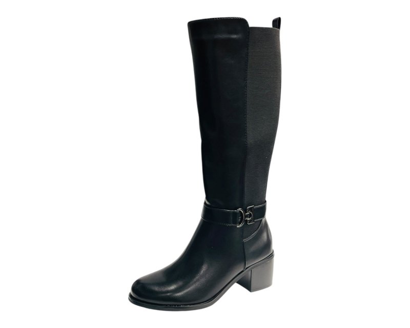 Faux Leather Elastic Panel Zip Knee High Boots - Boots - British D'sire