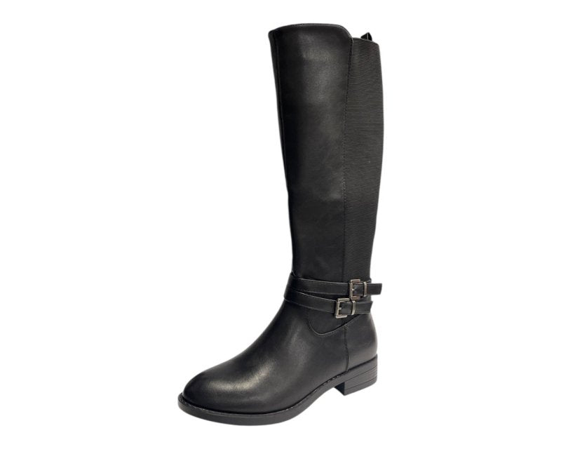 Faux Leather Knee High Elastic Panel Flat Sole Boots - Boots - British D'sire