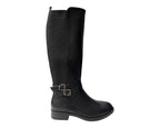 Faux Leather Knee High Elastic Panel Flat Sole Boots - Boots - British D'sire