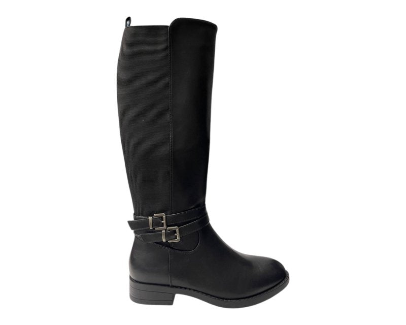 Faux Leather Knee High Elastic Panel Flat Sole Boots - Boots - British D'sire