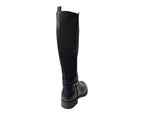 Faux Leather Knee High Elastic Panel Flat Sole Boots - Boots - British D'sire