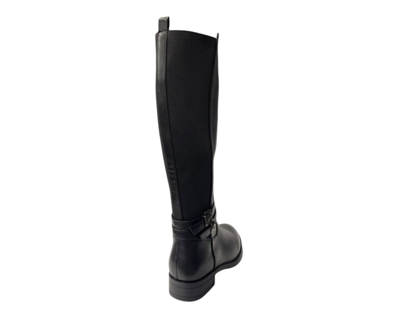 Faux Leather Knee High Elastic Panel Flat Sole Boots - Boots - British D'sire