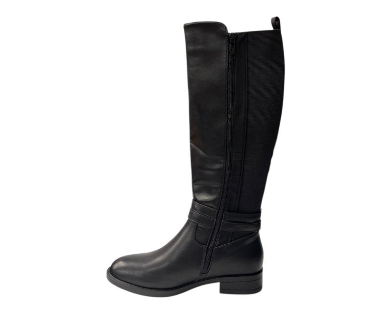 Faux Leather Knee High Elastic Panel Flat Sole Boots - Boots - British D'sire