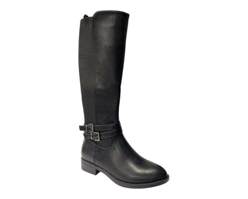 Faux Leather Knee High Elastic Panel Flat Sole Boots - Boots - British D'sire