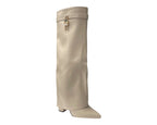 Faux Leather Kneel High Fold Over Block Heel Boots - Boots - British D'sire