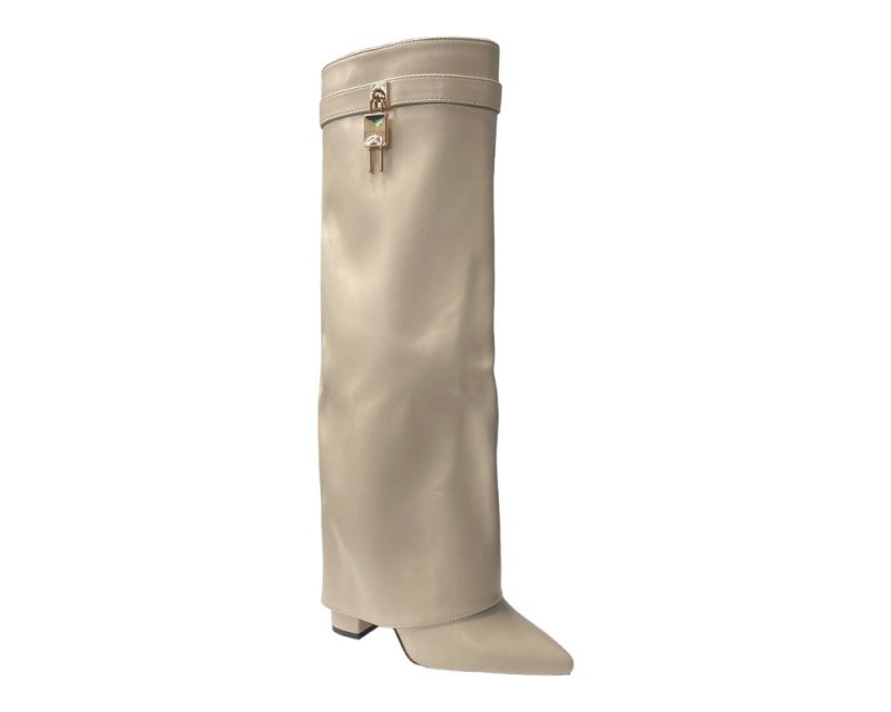 Faux Leather Kneel High Fold Over Block Heel Boots - Boots - British D'sire