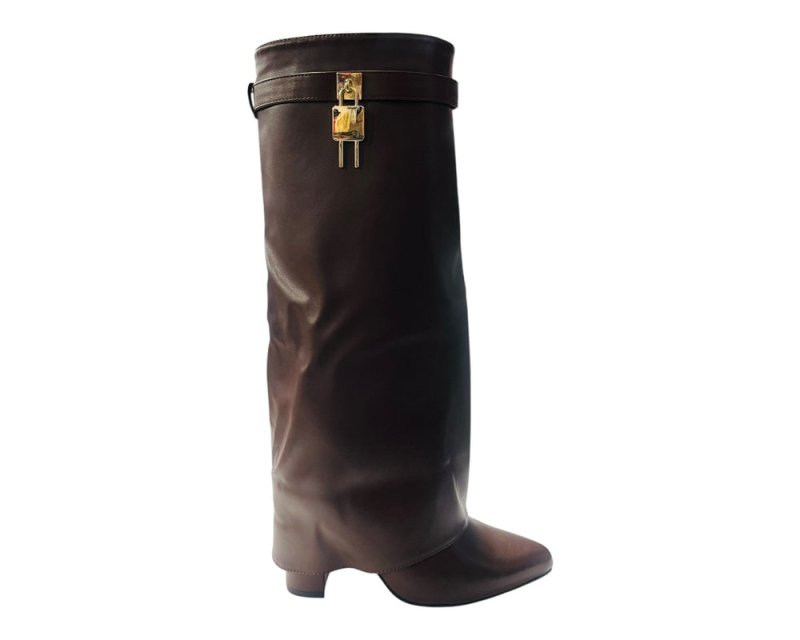 Faux Leather Kneel High Fold Over Block Heel Boots - Boots - British D'sire