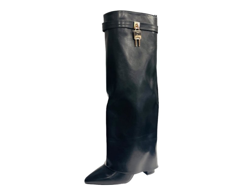 Faux Leather Kneel High Fold Over Block Heel Boots - Boots - British D'sire