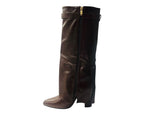 Faux Leather Kneel High Fold Over Block Heel Boots - Boots - British D'sire