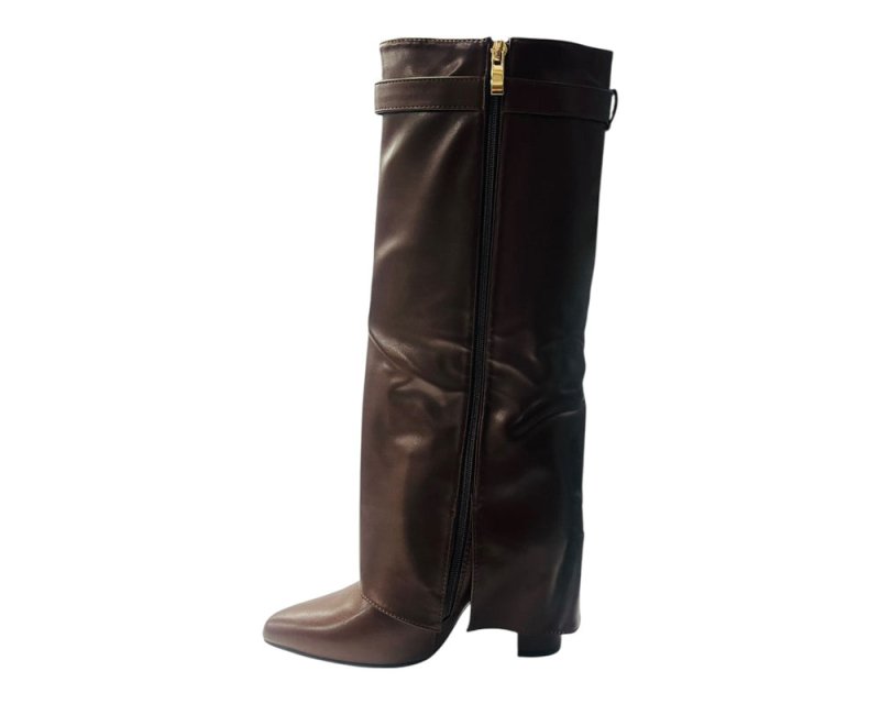 Faux Leather Kneel High Fold Over Block Heel Boots - Boots - British D'sire