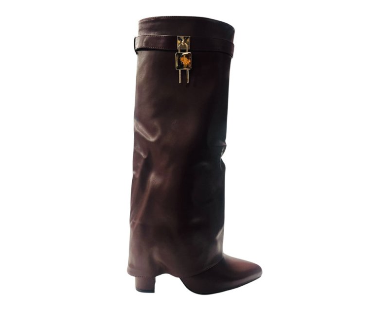 Faux Leather Kneel High Fold Over Block Heel Boots - Boots - British D'sire