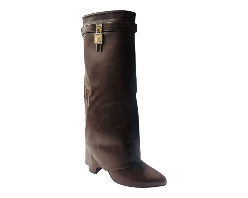 Faux Leather Kneel High Fold Over Block Heel Boots - Boots - British D'sire